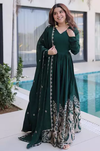 Emerald silk anarkali suit with embroidery sequin work