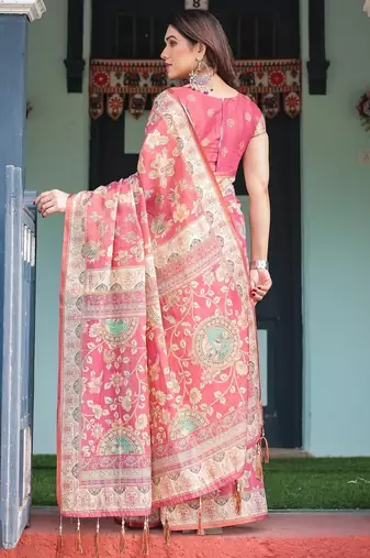 Rani pink color ready to wear saree with unstich blouse