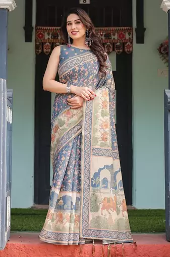 Blue color ready to wear saree with unstich blouse