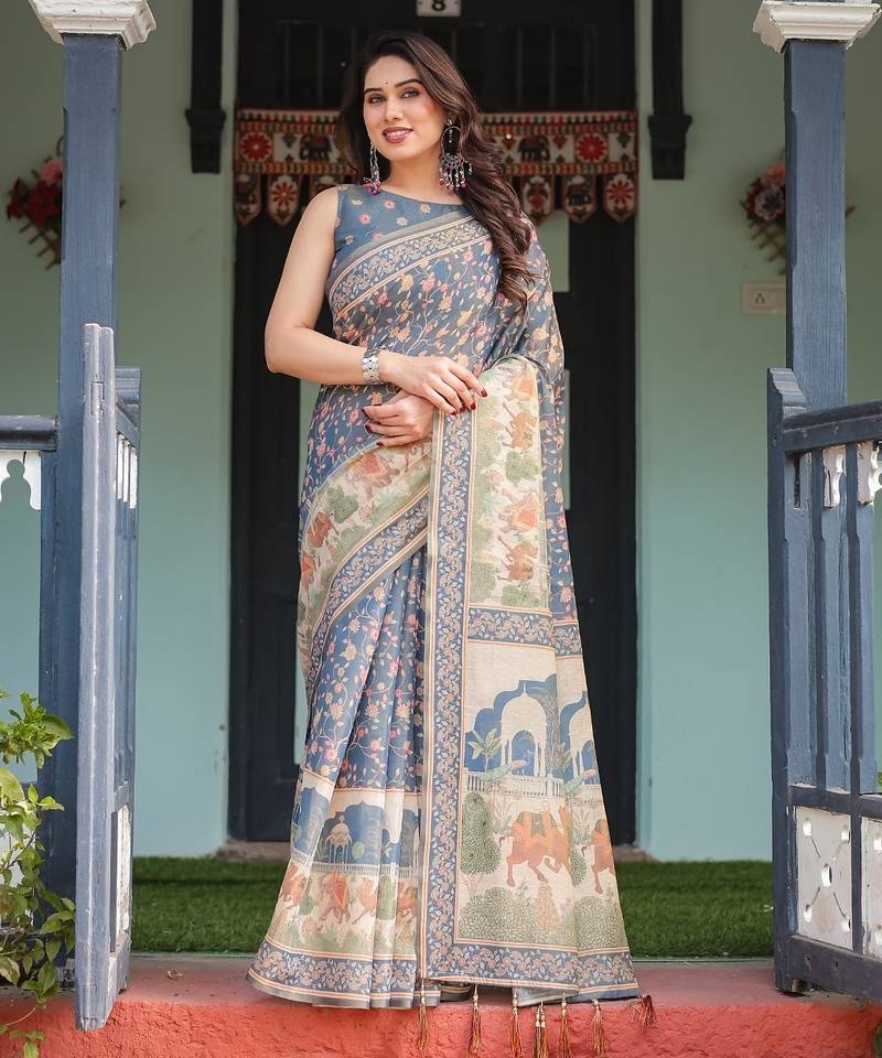 Blue color ready to wear saree with unstich blouse