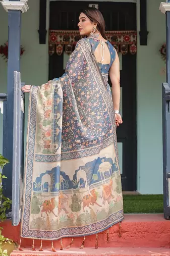 Blue color ready to wear saree with unstich blouse