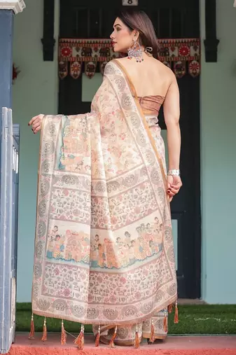 Cream color ready to wear saree with unstich blouse