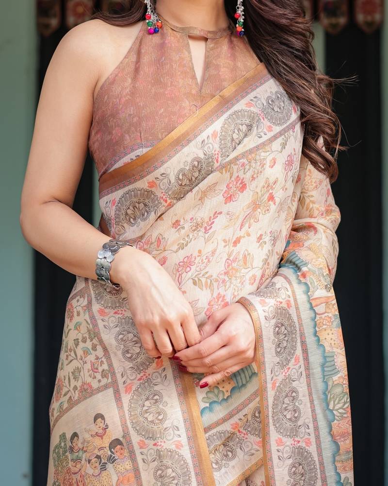 Cream color ready to wear saree with unstich blouse