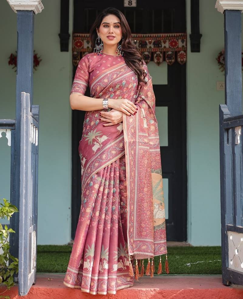 Rose color ready to wear saree with unstich blouse