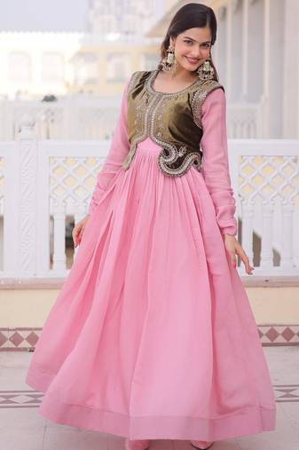 Pink chanderi gown with embroidery beats work