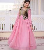 Pink chanderi gown with embroidery beats work