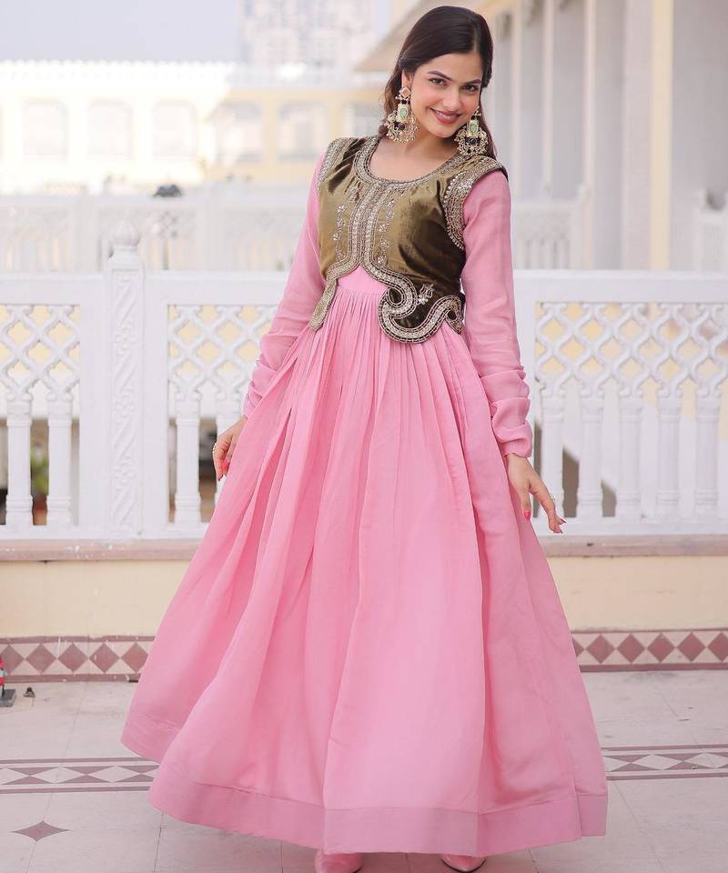 Pink chanderi gown with embroidery beats work