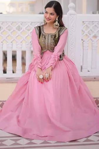 Pink chanderi gown with embroidery beats work