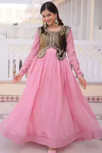 Pink chanderi gown with embroidery beats work