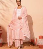 Women's Gorgeous Thread Work Pure Cotton Fabric Straight Kurta Pant and Dupatta Set