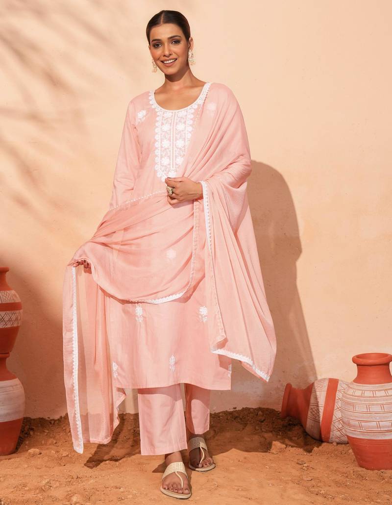 Women's Gorgeous Thread Work Pure Cotton Fabric Straight Kurta Pant and Dupatta Set