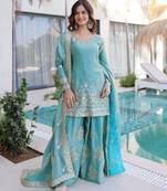 Blue silk suit with zari sequin embroidery work