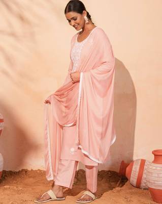 Women's Gorgeous Thread Work Pure Cotton Fabric Straight Kurta Pant and Dupatta Set 3
