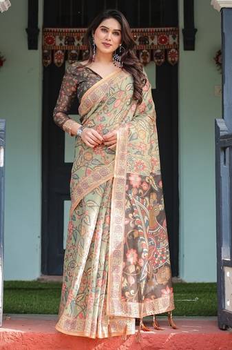 Olive color ready to wear saree with unstich blouse