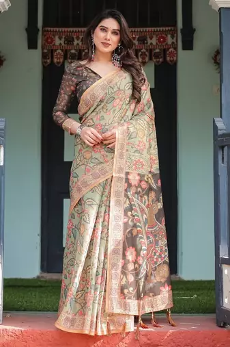 Olive color ready to wear saree with unstich blouse