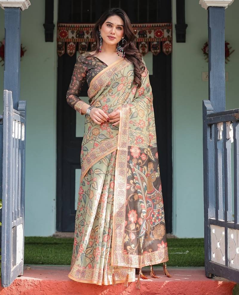 Olive color ready to wear saree with unstich blouse