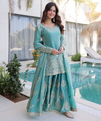 Blue silk suit with zari sequin embroidery work 2