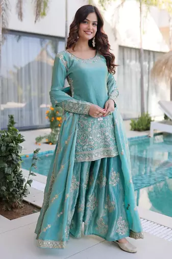 Blue silk suit with zari sequin embroidery work
