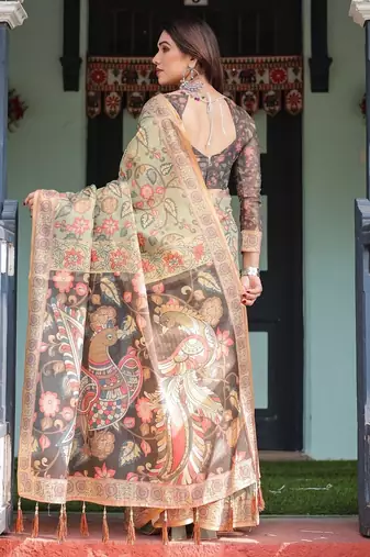 Olive color ready to wear saree with unstich blouse