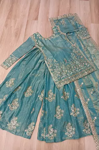 Blue silk suit with zari sequin embroidery work
