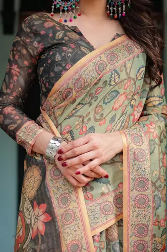 Olive color ready to wear saree with unstich blouse