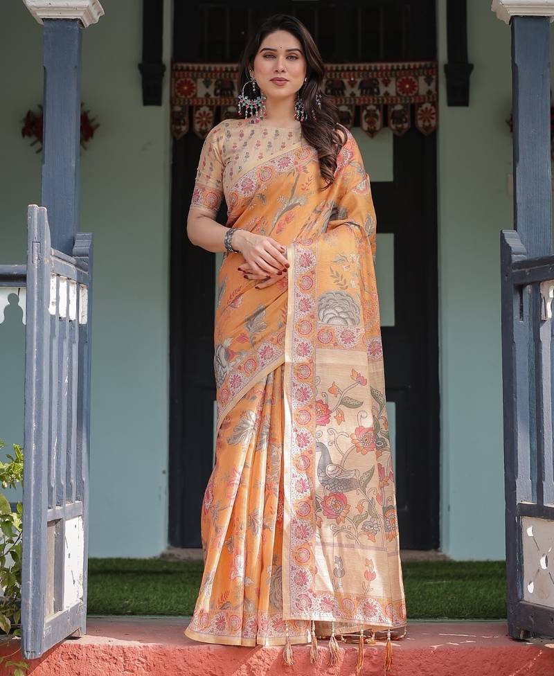 Orange color ready to wear saree with unstich blouse