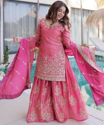 Pink silk suit with zari sequin embroidery work 1