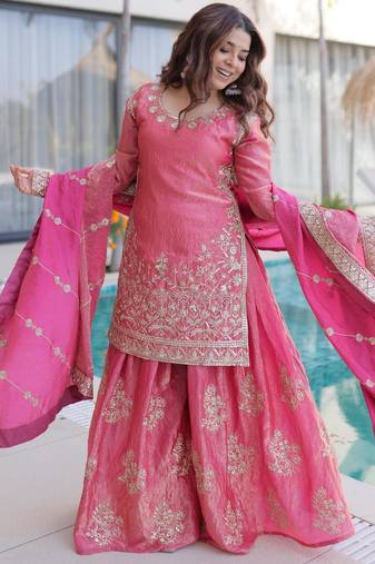 Pink silk suit with zari sequin embroidery work