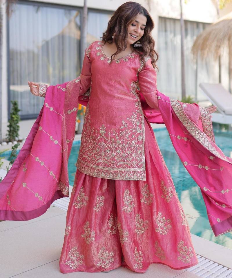 Pink silk suit with zari sequin embroidery work