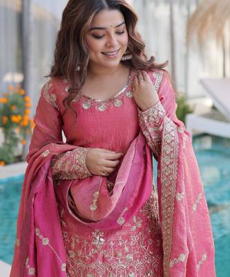 Pink silk suit with zari sequin embroidery work 2