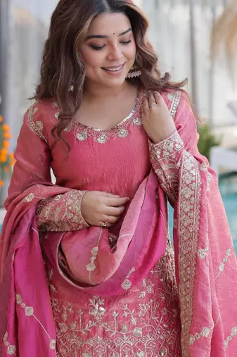 Pink silk suit with zari sequin embroidery work