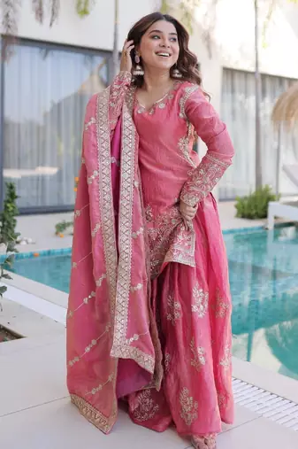Pink silk suit with zari sequin embroidery work