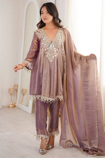 Purple silk suit with real mirror embroidery work