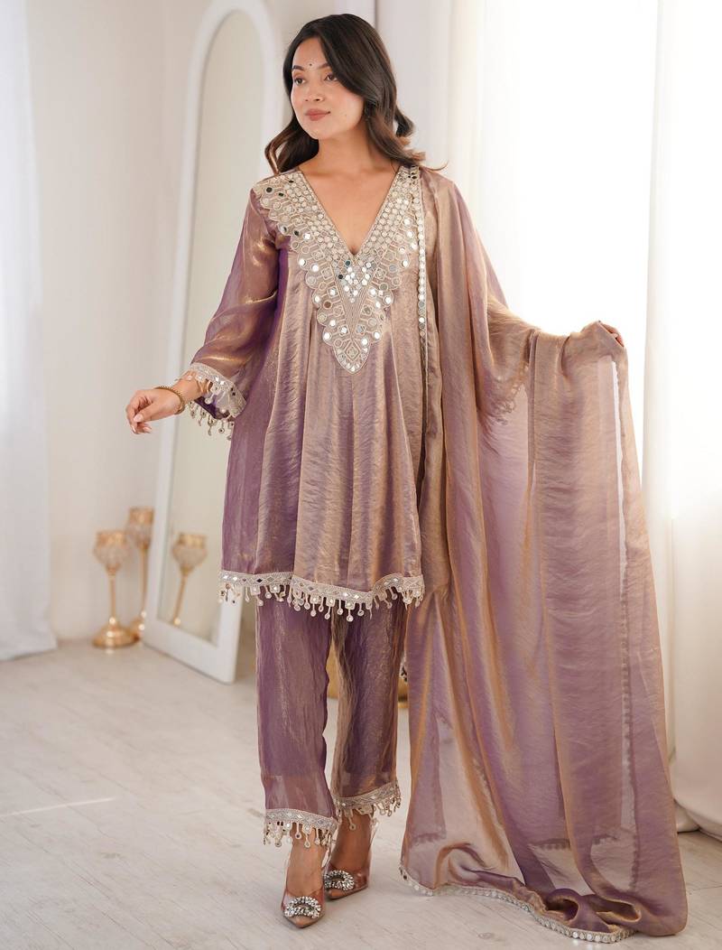 Purple silk suit with real mirror embroidery work