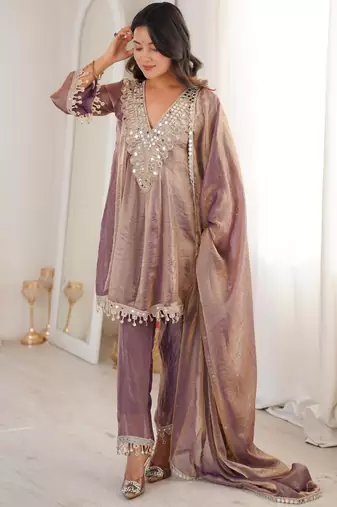 Purple silk suit with real mirror embroidery work