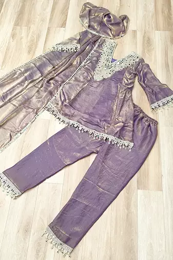 Purple silk suit with real mirror embroidery work