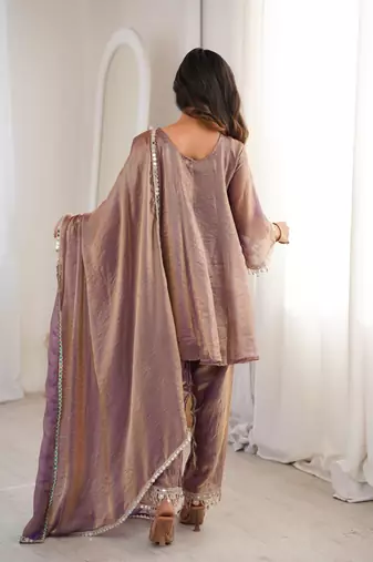 Purple silk suit with real mirror embroidery work