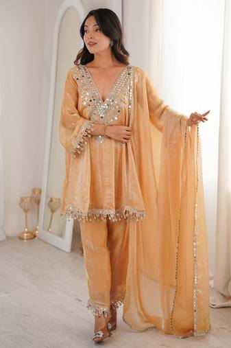Yellow silk suit with real mirror embroidery work