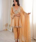 Yellow silk suit with real mirror embroidery work