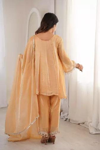 Yellow silk suit with real mirror embroidery work