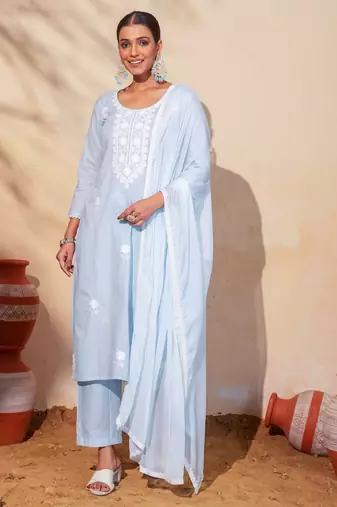 Women's Gorgeous Thread Work Pure Cotton Fabric Straight Kurta Pant and Dupatta Set
