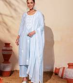 Women's Gorgeous Thread Work Pure Cotton Fabric Straight Kurta Pant and Dupatta Set
