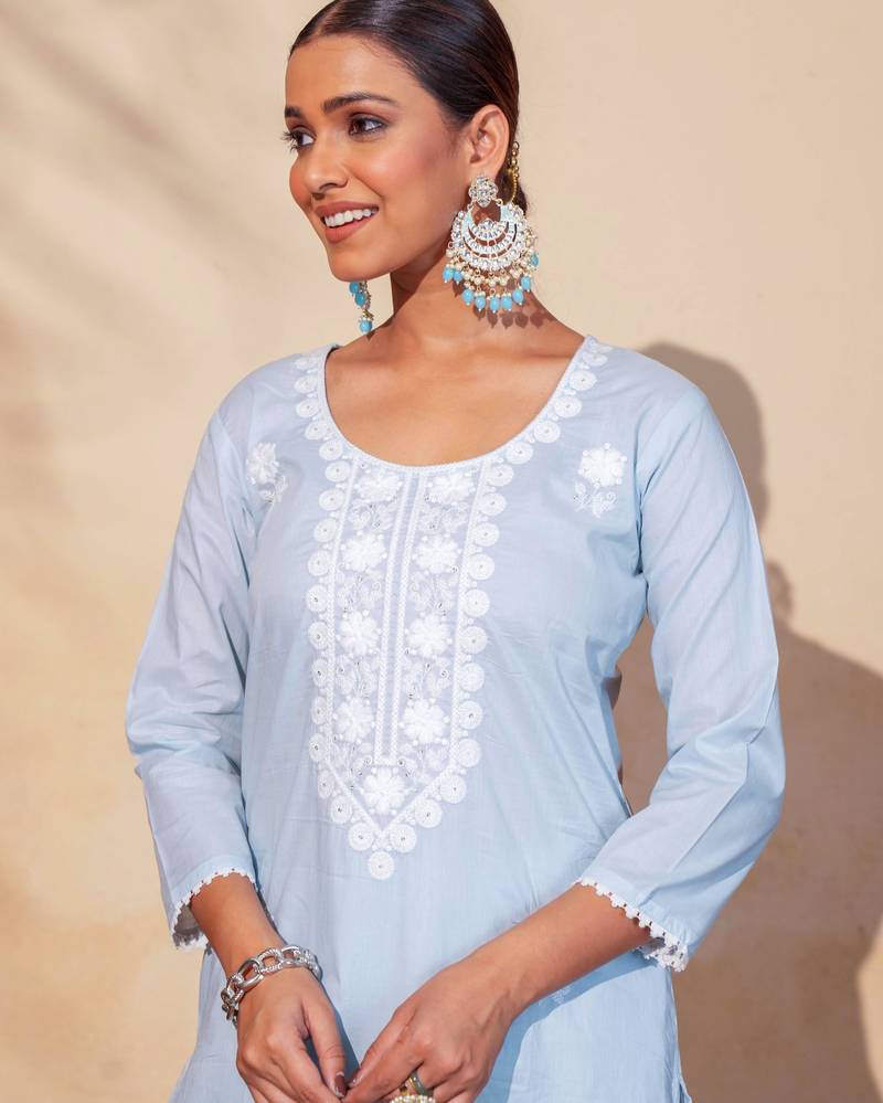 Women's Gorgeous Thread Work Pure Cotton Fabric Straight Kurta Pant and Dupatta Set
