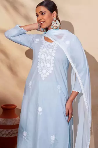 Women's Gorgeous Thread Work Pure Cotton Fabric Straight Kurta Pant and Dupatta Set
