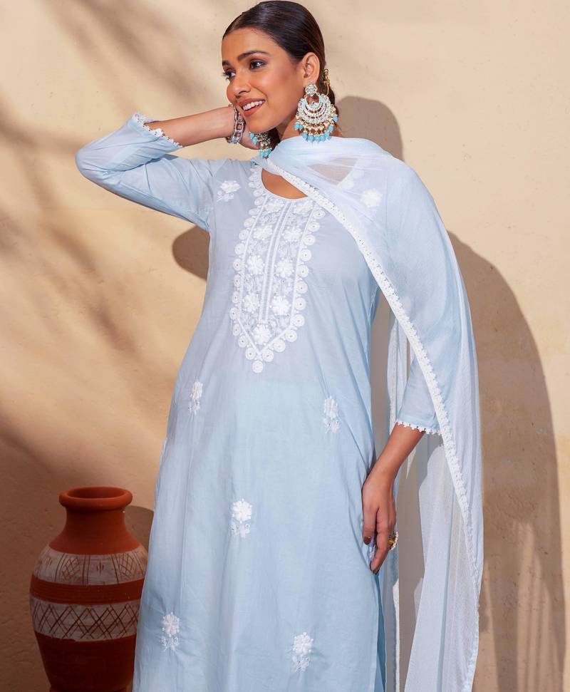 Women's Gorgeous Thread Work Pure Cotton Fabric Straight Kurta Pant and Dupatta Set