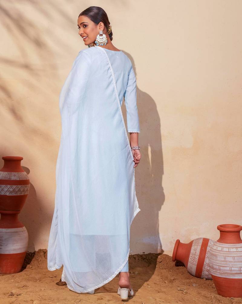 Women's Gorgeous Thread Work Pure Cotton Fabric Straight Kurta Pant and Dupatta Set