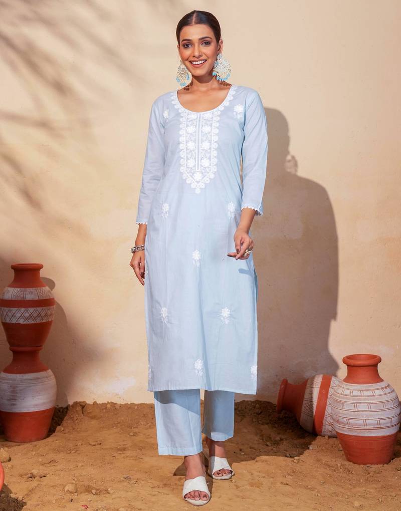 Women's Gorgeous Thread Work Pure Cotton Fabric Straight Kurta Pant and Dupatta Set