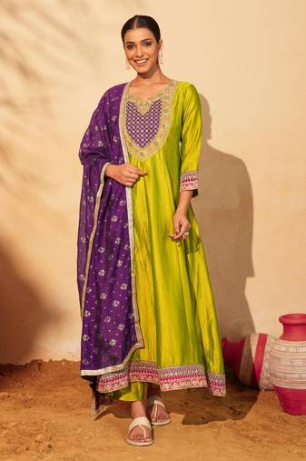 Women's Gorgeous Embroidery Work Vichitra Silk Fabric Flared Anarkali Pant and Dupatta Set