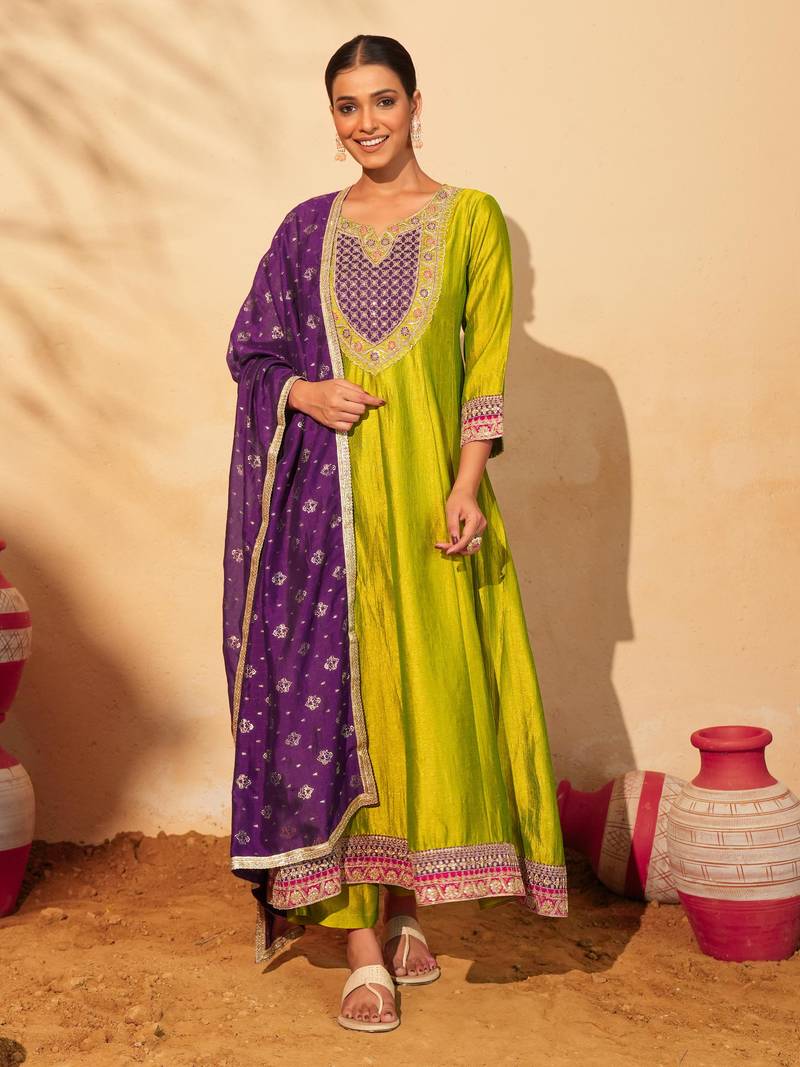 Women's Gorgeous Embroidery Work Vichitra Silk Fabric Flared Anarkali Pant and Dupatta Set