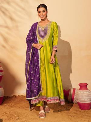 Women's Gorgeous Embroidery Work Vichitra Silk Fabric Flared Anarkali Pant and Dupatta Set 1